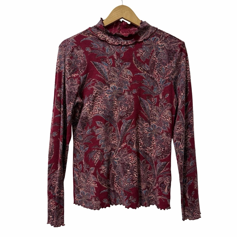 Anthropologie Pilcro Floral Ruffled Turtleneck Long Sleeve‎ Top Size L Red Boho